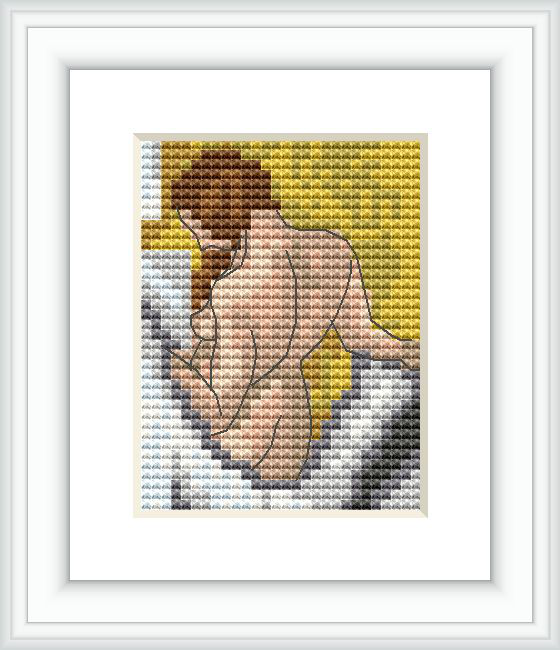 The design features a female figure from behind, embracing herself with a towel wrapped around her torso. The background consists of a bold yellow color with hints of grey and white, suggestive of a private bathing space.