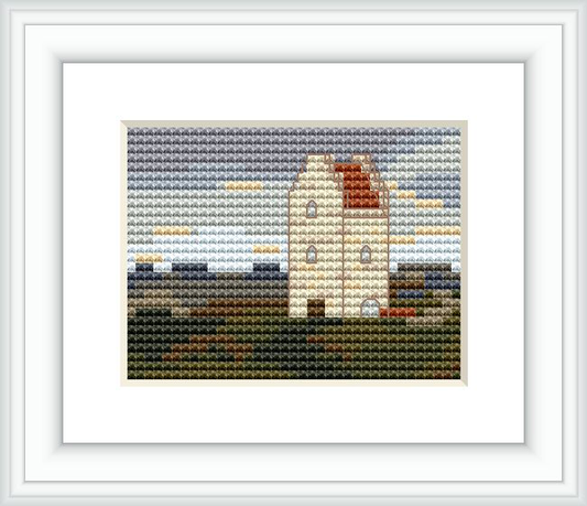 The cross stitch design depicts a large, gabled church building with noticeable windows and a visible entrance. The surrounding landscape includes the sea and sky in the background, creating a three-tiered natural and architectural tableau.