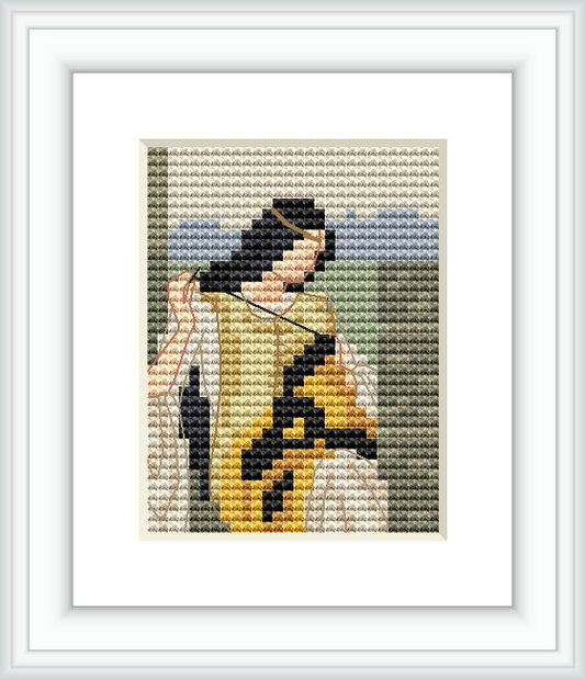 The cross-stitch pattern depicts a woman from the medieval era, dressed in a long, flowing gown with her hair styled up, focusing on sewing a large flag or standard. The background consists of subdued colors, evoking an open natural landscape.