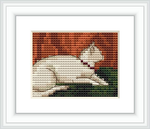 The image showcases a framed cross stitch pattern of a cat lying down with its tail wrapped to its side. The background is composed of blocks of colors, hinting at a vintage style wall or wallpaper.