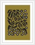 The image displays a framed cross stitch pattern featuring a floral design with black threads on a khaki-colored canvas, encased in a white square frame against a white background.