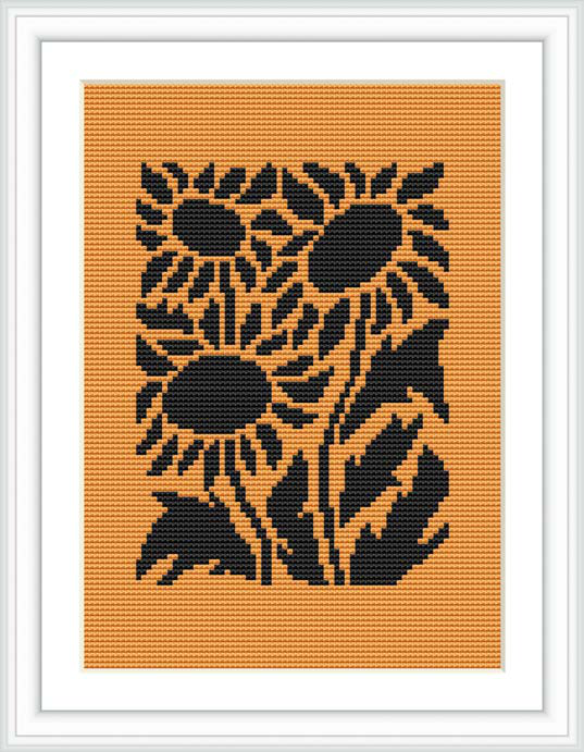 This cross stitch pattern features a trio of sunflower silhouettes in black, set against an orange background. Each flower is distinct and the design captures the essence of sunflower outlines with varying sizes and orientation, framed within a rectangular white border.