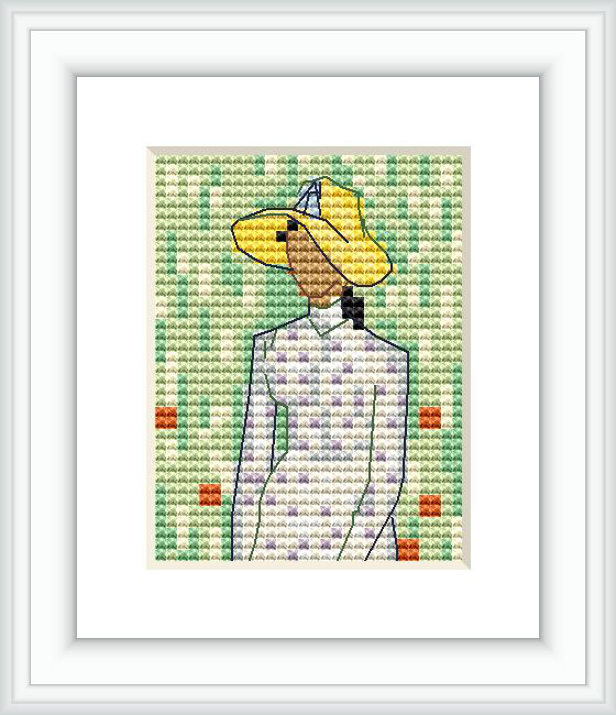 A cross-stitch pattern of a girl from behind, wearing a wide-brimmed yellow hat and a white dress, against a green background with red accents.