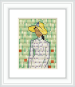 A cross-stitch pattern of a girl from behind, wearing a wide-brimmed yellow hat and a white dress, against a green background with red accents.