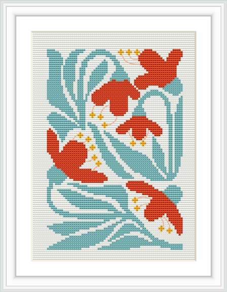 This image depicts a cross stitch pattern of stylized flowers with broad leaves, set against a pale aqua backdrop. The blooms are predominantly coral and mustard yellow, accented with small white stitches.