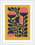 The image showcases a cross stitch pattern framed within a white border. It features stylized floral motifs consisting of bulbous flowers and elongated leaves set against a mustard yellow background. The primary colors are navy blue and coral, creating a harmonious contrast.