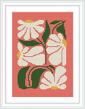 The image depicts a cross stitch pattern of white flowers with yellow centers against a vibrant red background, framed within a simulated white picture frame.