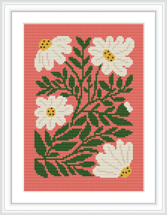 The pattern depicts a collection of large white flowers with yellow centers and green leaves against a coral background. Tiny black and yellow ladybugs are also visible on the flowers.