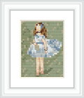 A cross stitch pattern depicting a young dancer in a blue dress standing, framed with a greenish background.
