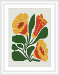 The image presents a framed cross stitch pattern displaying a group of yellow and orange flowers with green leaves, on a white background.