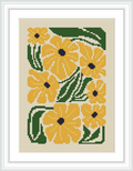 The image displays a cross stitch pattern of yellow flowers with green leaves and stems. The flowers are arranged in a decorative, swirled pattern against a beige background, and are framed within a simple white border.