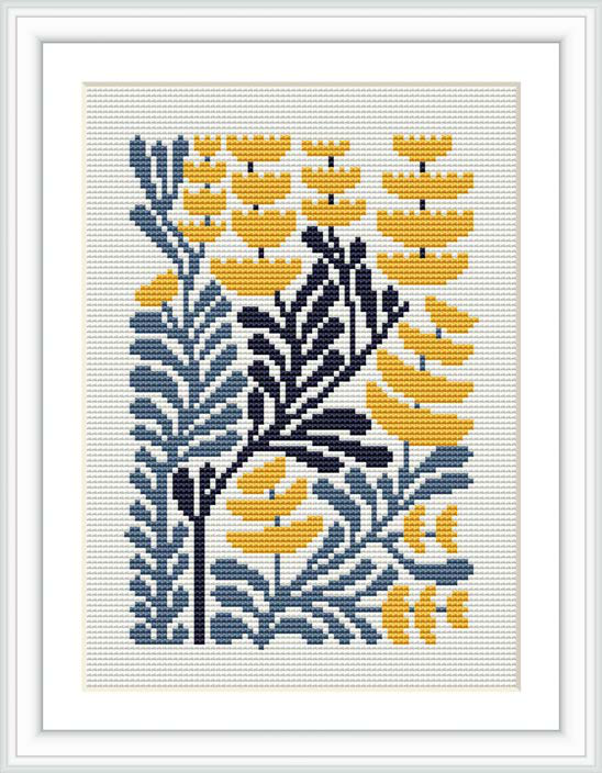 The image showcases a cross stitch pattern of stylized yellow flowers with accompanying foliage in shades of blue and gray, framed by a simple white border on a cream-colored background.