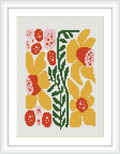 The image displays a framed cross stitch pattern featuring yellow and red flowers with green leaves on a white background.