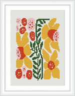 This image showcases a framed cross stitch pattern of yellow and red flowers with green foliage on a white fabric background.