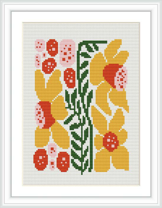 This image showcases a framed cross stitch pattern of yellow and red flowers with green foliage on a white fabric background.