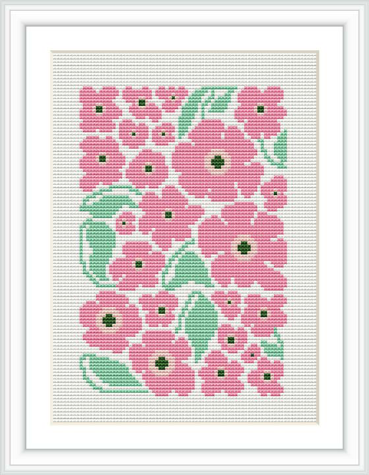 A framed cross stitch pattern featuring a dense cluster of pink flowers with green foliage showcased against a white background, creating a stark yet charming contrast.