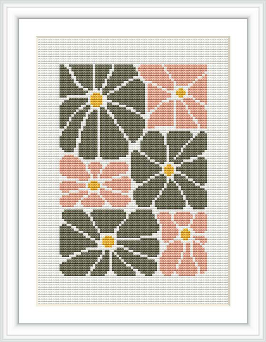 The image depicts a cross stitch pattern with a design of six stylized flowers arranged in two columns of three. Each flower has a round, yellow center with pointed petals, rendered in alternating colors of peach and olive green against a white background.