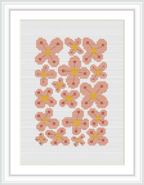 The image displays a framed cross stitch pattern featuring a collection of pink and peach flowers with yellow centers. The flowers are arranged in a vertical pattern on a white canvas.
