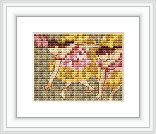 The cross stitch pattern depicts three ballerinas bending down with their backs to the viewer, set against a backdrop of muted, impressionistic shades.