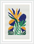 A framed cross stitch pattern depicting tropical foliage with broad leaves and elongated shapes in vivid yellow, green, purple, and blue colors on a white background.