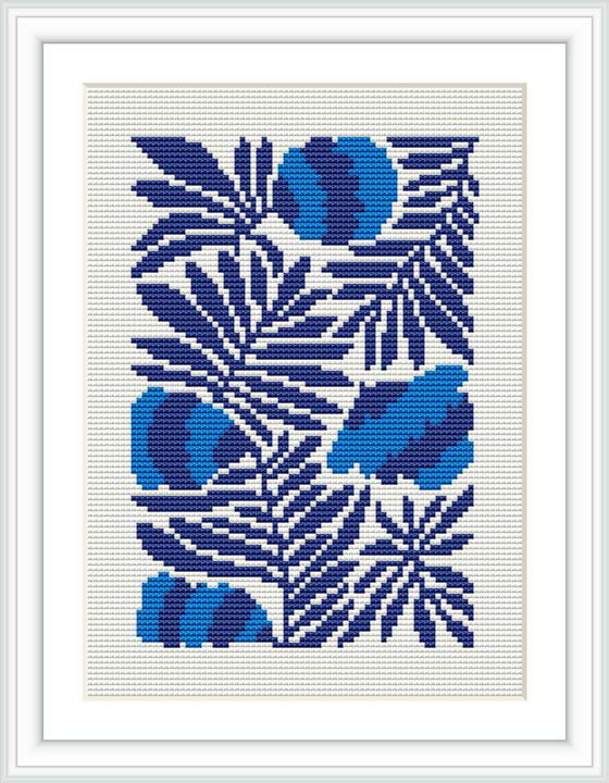 The image shows a framed cross stitch pattern of stylized blue flowers and leaves on a white canvas, executed in various shades of blue and white thread.