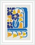 The image displays a cross stitch pattern showcasing a design of blue and yellow flowers with white highlights, framed within a navy and golden decorative border, all stitched on a white canvas.