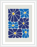 The image depicts a cross stitch pattern of blue flowers framed in white. There are flowers of different shades of blue with yellow centers, neatly arranged in rows against a white background.