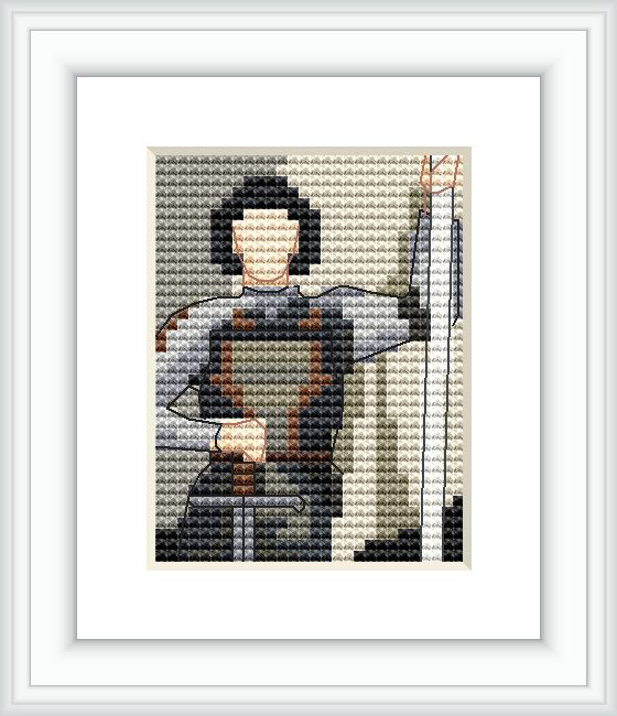 The cross stitch pattern depicts a person resembling the historical figure Jeanne d'Arc, wearing armor, with a sash across the chest and a sword hilt visible. The background features a subtle texture.