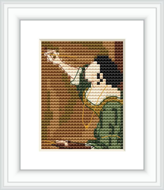 The image represents a small, framed cross stitch pattern depicting a segment of a self-portrait by Artemisia Gentileschi, showcasing the hand and face of the figure with an emphasis on the eye.