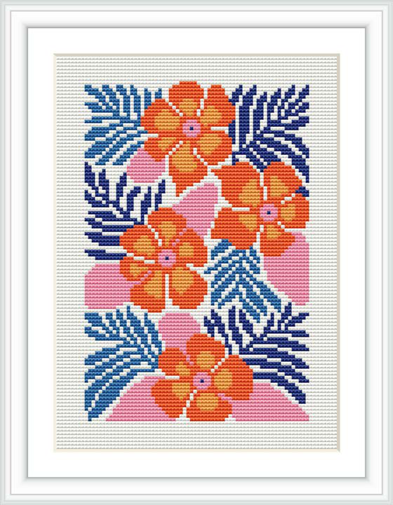 The image shows a framed cross stitch pattern featuring orange and pink Hawaiian flowers with blue and green leaves on a white background.