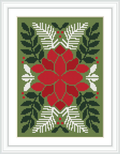 The image presents a framed cross stitch pattern of a Christmas poinsettia. The flower consists of red petals in the center with surrounding green leaves and white details. The pattern is symmetrically centered with a green background.