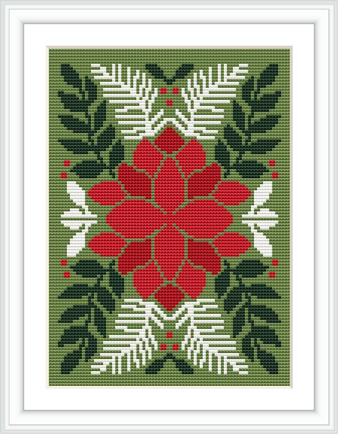 The image presents a framed cross stitch pattern of a Christmas poinsettia. The flower consists of red petals in the center with surrounding green leaves and white details. The pattern is symmetrically centered with a green background.