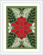 The image presents a framed cross stitch pattern of a Christmas poinsettia. The flower consists of red petals in the center with surrounding green leaves and white details. The pattern is symmetrically centered with a green background.