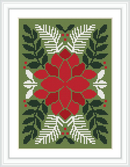The image presents a framed cross stitch pattern of a Christmas poinsettia. The flower consists of red petals in the center with surrounding green leaves and white details. The pattern is symmetrically centered with a green background.