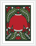 This cross stitch pattern depicts a red Christmas sweater design, framed by a border of green with white holly leaves, red berries, white snowflakes, and a bow at the top.