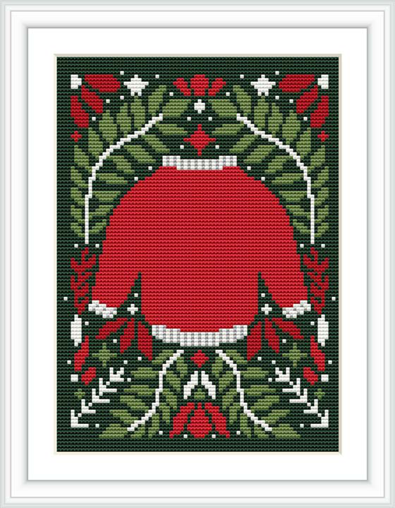 This cross stitch pattern depicts a red Christmas sweater design, framed by a border of green with white holly leaves, red berries, white snowflakes, and a bow at the top.