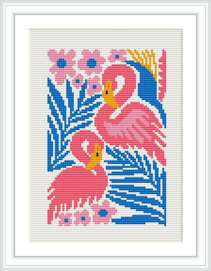 The image features two pink flamingos with blue and yellow detailing, nestled among blue and pink flowers with green foliage, all rendered in a pixelated cross-stitch style.