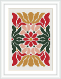 The image depicts a cross stitch pattern framed in white, featuring a symmetrical floral design with geometric elements. The flowers are stylized with a combination of red, green, gold, pale pink, and cream colors.