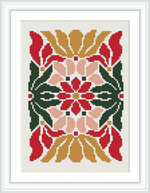 The image depicts a cross stitch pattern framed in white, featuring a symmetrical floral design with geometric elements. The flowers are stylized with a combination of red, green, gold, pale pink, and cream colors.