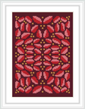 The image displays a symmetrical cross stitch pattern of Christmas poinsettias framed in a white border. It showcases a deep maroon background with a floral motif predominantly in red and green, accentuated with golden hues.