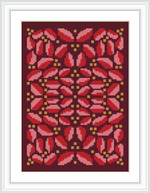 The image displays a symmetrical cross stitch pattern of Christmas poinsettias framed in a white border. It showcases a deep maroon background with a floral motif predominantly in red and green, accentuated with golden hues.