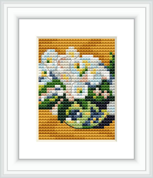 The image shows a framed cross stitch pattern of Claude Monet's painting showcasing a bouquet of white roses with hints of blue, yellow, and pink, set against a yellowish background.