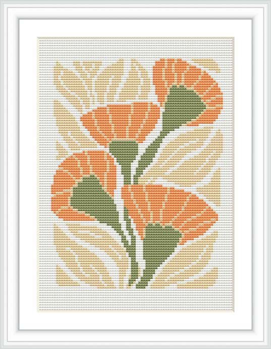 The image shows a framed cross stitch pattern depicting three stylized poppy flowers with leaves, set against a cream background. The design is rendered in a palette of orange, golden yellow, and green, encapsulated in a white frame.