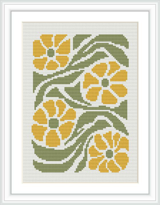 The pattern features a series of stylized flowers and leaves arranged in a flowing design, predominantly in mustard yellow and green shades, on a white canvas, framed in a simple square white frame.