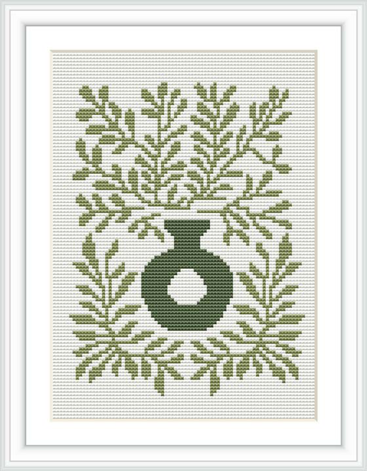 A monochromatic cross stitch pattern featuring a classical vase at the center, surrounded by symmetrical and detailed foliage patterns.