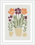 A cross stitch pattern featuring a large central flower in purple and orange, flanked by smaller flowers and leaves in pots and cups, all in earthy tones against a white background.