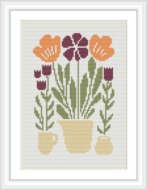 A cross stitch pattern featuring a large central flower in purple and orange, flanked by smaller flowers and leaves in pots and cups, all in earthy tones against a white background.