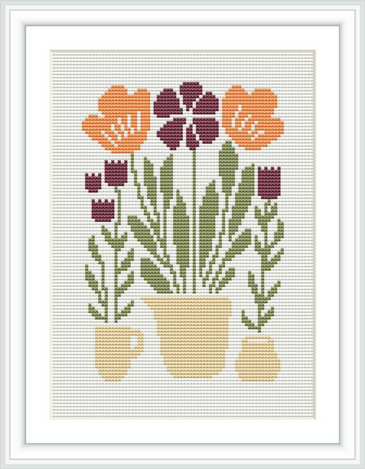 A cross stitch pattern featuring a large central flower in purple and orange, flanked by smaller flowers and leaves in pots and cups, all in earthy tones against a white background.