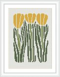 The image depicts a cross stitch pattern of a group of yellow tulips with green leaves and stems, framed within a white border and set against a cream or light background.