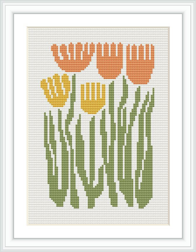 The image shows a cross stitch pattern depicting five tulips in orange and yellow colors with green stems and leaves, framed and displayed against a white aida cloth.